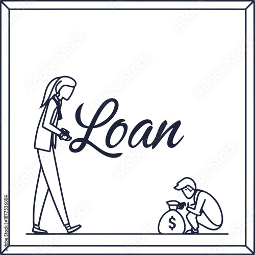 Loan agreement : A symbolic monochrome illustration of a loan agreement, with a figure giving a loan to another figure. The central Loan adds context. 
