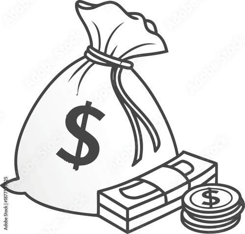 Financial Accumulation: A classic depiction of wealth, illustrating a tied-up bag brimming with cash, accompanied by stacked bills and coins, symbolizing financial prosperity and abundance.