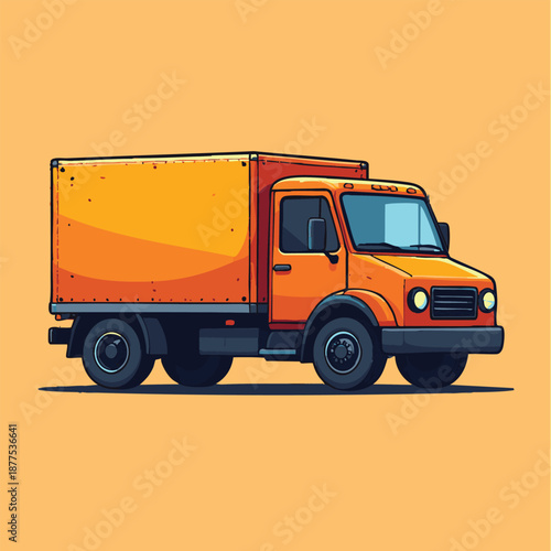 A vibrant orange delivery truck on a bright orange background with a cartoonish feel