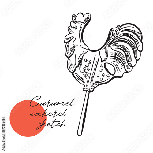 Hand drawn sketch of lollipop cockerel. Cock, rooster linear vector, contour, bird, candy, stick, outline, dessert, sweet, holiday, birthday, single, retro, chicken, maslenitsa. Modern russian, slavic