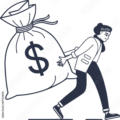 Wealth and Burden: A person carries a large money bag symbolizing financial challenges and the weight of economic responsibility.