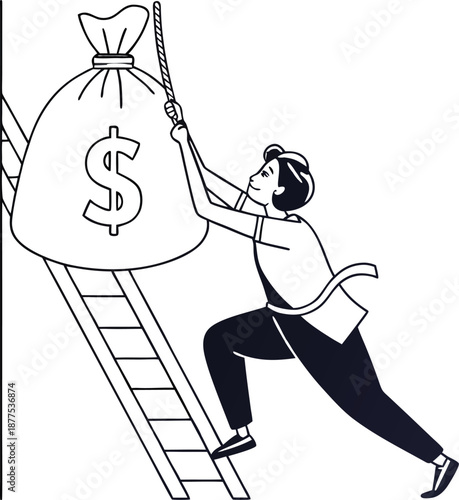 Financial Ascent: An individual, depicted in a modern style, climbs a ladder, pulling up a heavy money bag, symbolizing the pursuit of financial prosperity and the effort needed to achieve wealth.