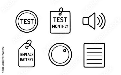 Essential alarm system icons: test, replace battery, and sound alert symbols