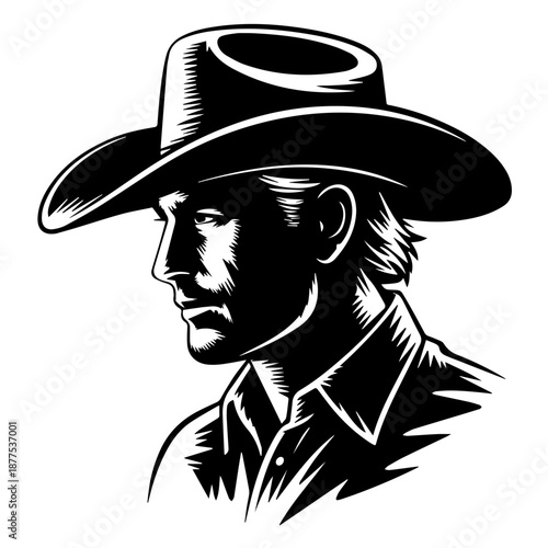 Bold vector silhouette cowboy profile illustration with wide brim hat strong contrast graphic design art