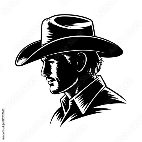 Bold vector silhouette cowboy profile illustration with wide brim hat strong contrast graphic design art