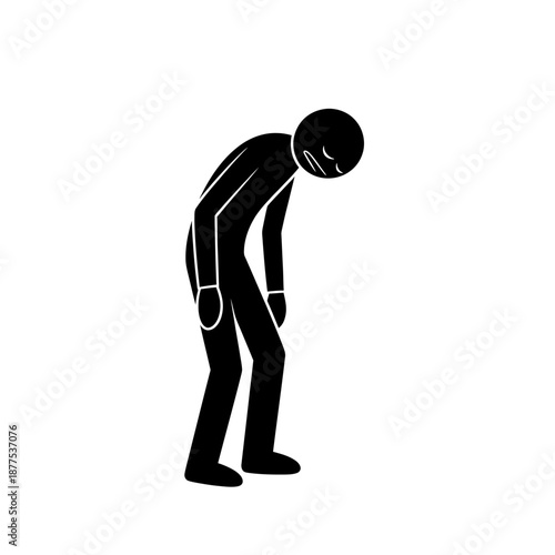 Exhausted stick figure bending forward with tired posture, expressing fatigue and burnout in minimalist black and white vector illustration style