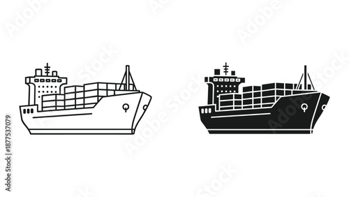 Cargo Ship Vector Illustration - Black and White Outline