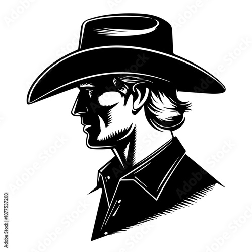 Bold vector silhouette cowboy profile illustration with wide brim hat strong contrast graphic design art