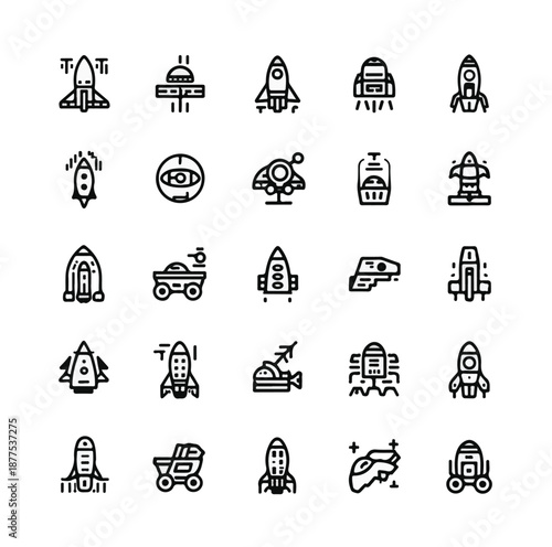  Future Space Tourism and Rocket Transport Line Art Set.