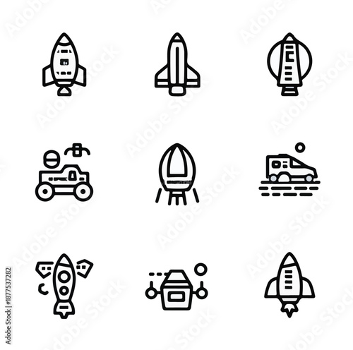  Future Space Tourism and Rocket Transport Line Art Set.
