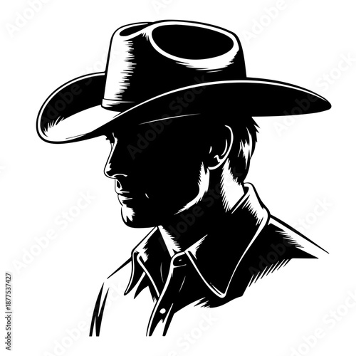 Bold vector silhouette cowboy profile illustration with wide brim hat strong contrast graphic design art