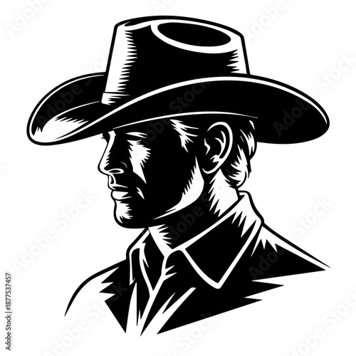 Bold vector silhouette cowboy profile illustration with wide brim hat strong contrast graphic design art