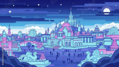 Vibrant cityscape at dusk with futuristic buildings pink and blue hues starry night sky and a full moon