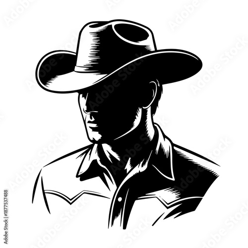 Bold vector silhouette cowboy profile illustration with wide brim hat strong contrast graphic design art