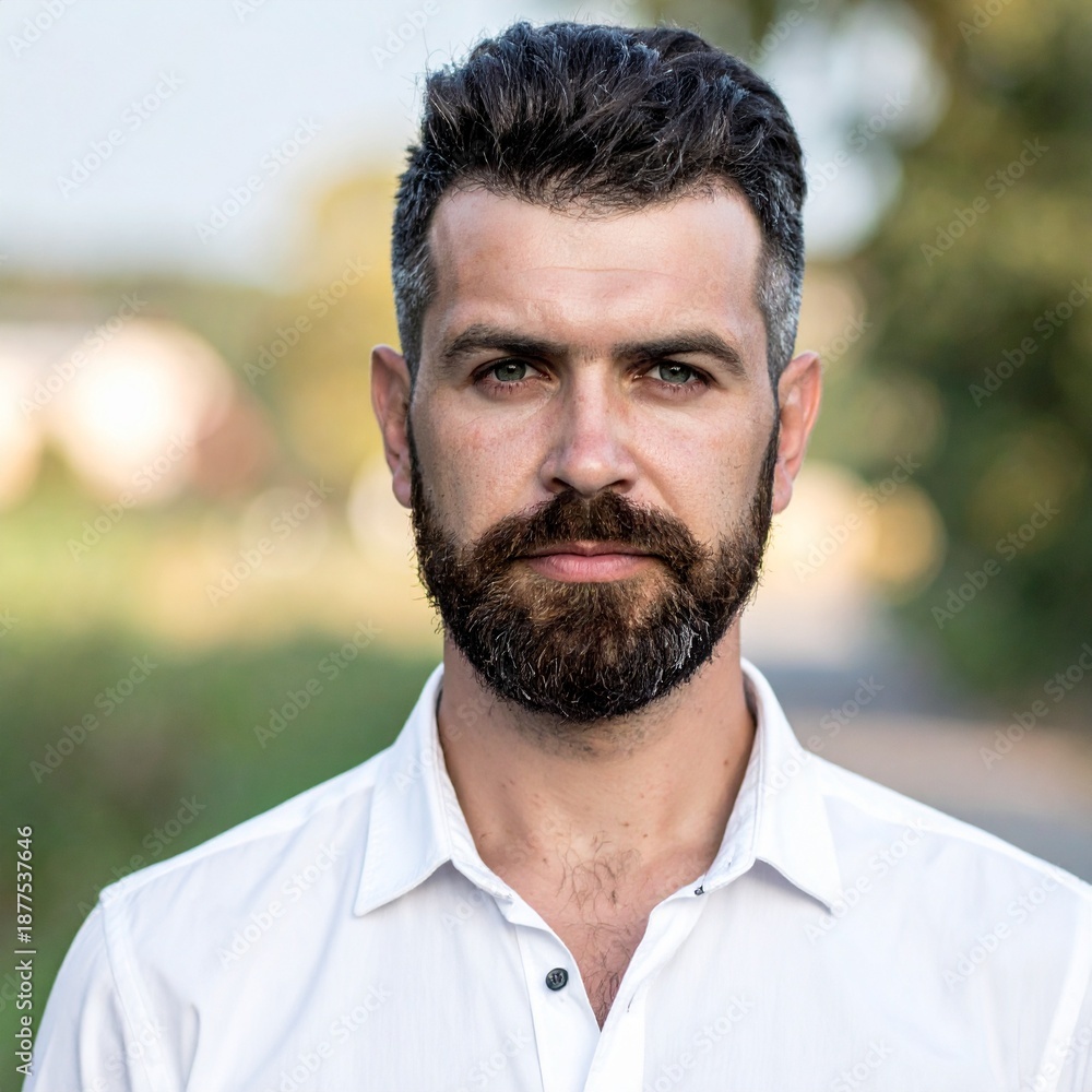 Fototapeta premium Handsome man with a beard and stylish haircut, looking directly at the camera with a serious expression.