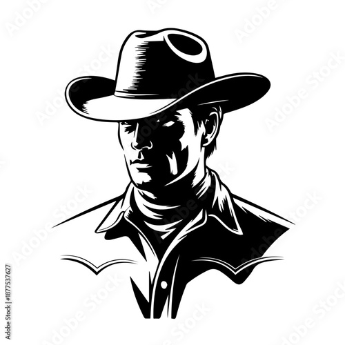 Bold vector silhouette cowboy profile illustration with wide brim hat strong contrast graphic design art