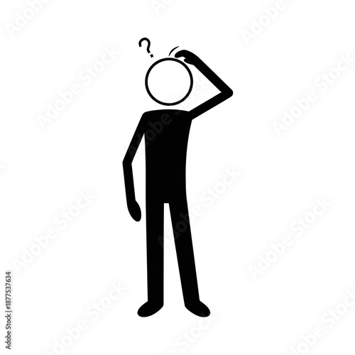 Dark stick figure standing with hand covering mouth, showing secrecy, shock, or silent reaction in expressive minimalist black silhouette vector illustration