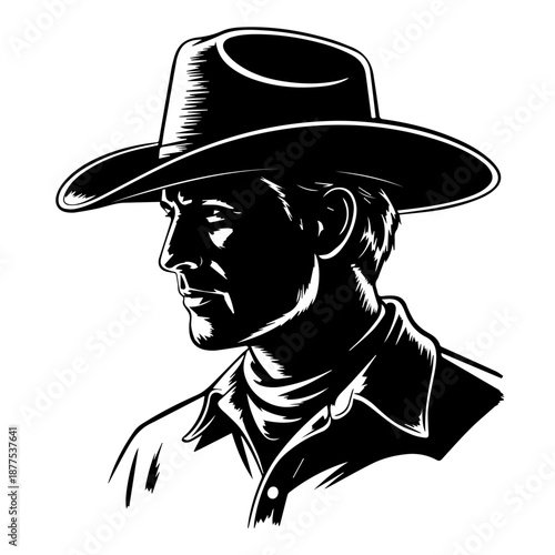Bold vector silhouette cowboy profile illustration with wide brim hat strong contrast graphic design art