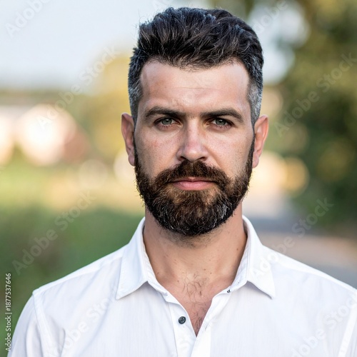 Handsome man with a beard and stylish haircut, looking directly at the camera with a serious expression.