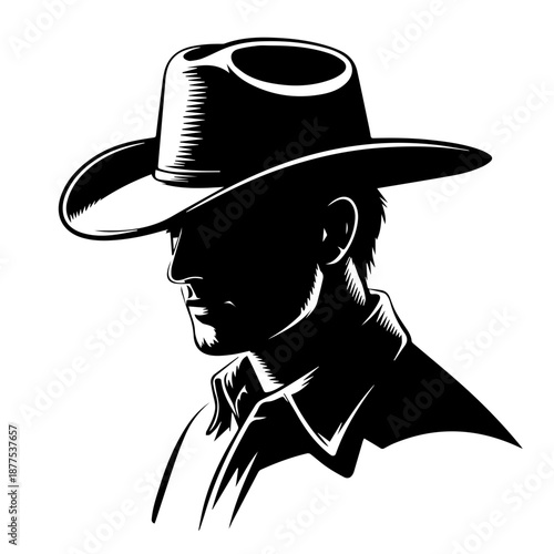 Bold vector silhouette cowboy profile illustration with wide brim hat strong contrast graphic design art