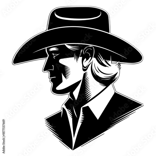 Bold vector silhouette cowboy profile illustration with wide brim hat strong contrast graphic design art