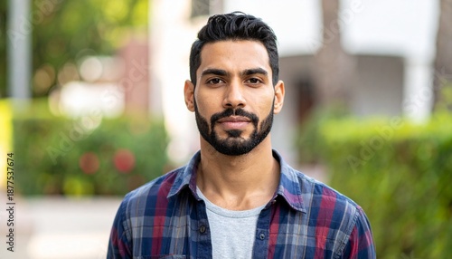 Handsome man with a beard looking directly at the camera with a serious expression.