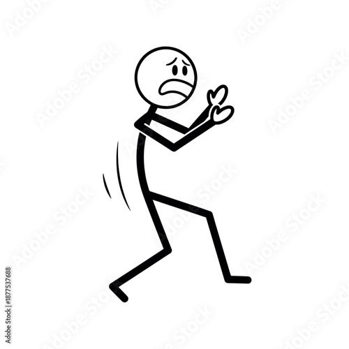 Scared stick figure stepping backward with defensive gesture, expressing fear, shock, and self protection in expressive minimalist vector illustration style