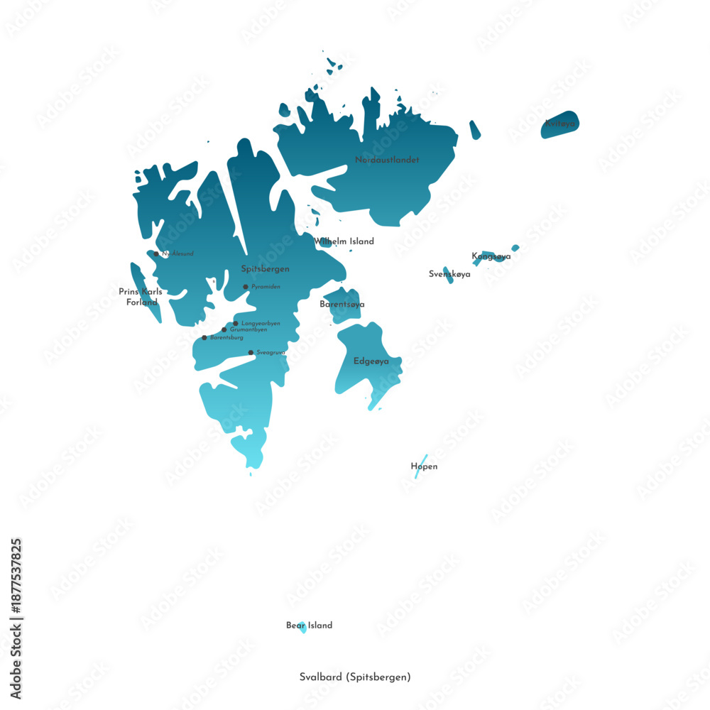 Obraz premium Vector modern isolated illustration. Simplified administrative map of Svalbard. Names of cities and main islands of Norwegian archipelago