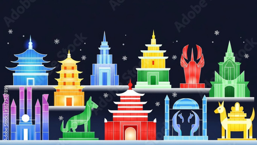 Vibrant zodiac temple cityscape at night with colorful buildings and animal statues