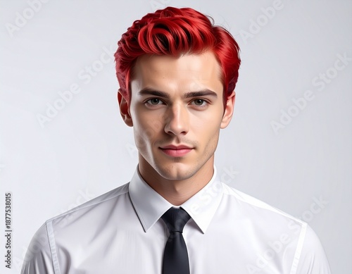 Handsome man with vibrant red hair and a professional white shirt and tie.