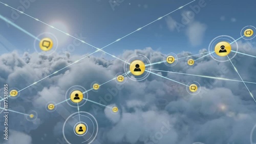 Animation of network of digital icons against clouds and sun in the blue sky