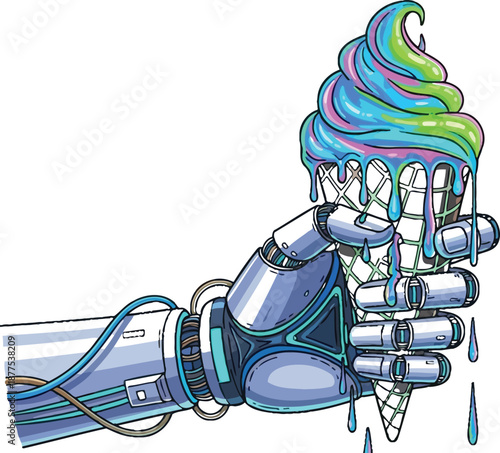 Illustration of futuristic robot arm holding melting ice cream cone with vibrant green blue pink swirl toppings dessert food