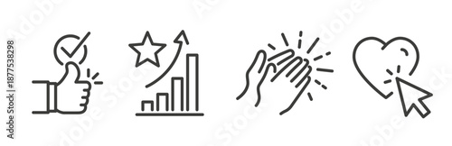 set icons of popularity, applaud, approve, like choice, social media interaction, applause,  recommend, line vector art on white