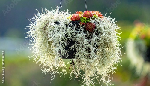 Hanging Basket of Lush Spanish Moss and Vibrant Red Flowers in Natural Light.