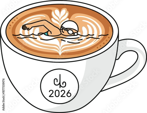 Line art illustration of swimmer doing freestyle stroke in latte foam coffee art with decorative heart shapes in white mug 2026 logo