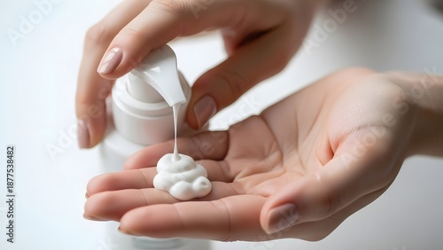 Close-up of hands applying white lotion from a pump bottle