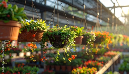 Hanging potted plants in a greenhouse, showcasing vibrant greenery and floral arrangements under sunlight.