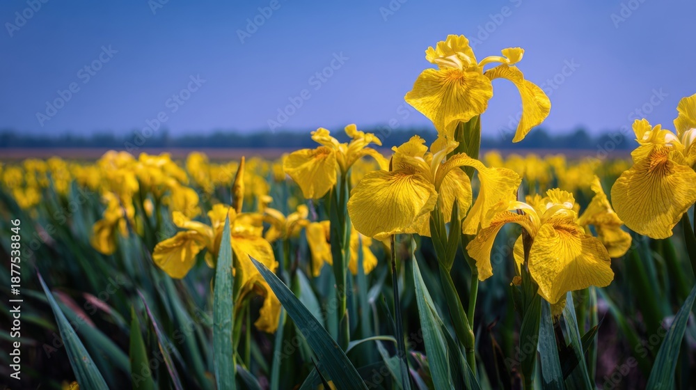 Fototapeta premium Vibrant yellow irises blooming in a serene field on a clear day