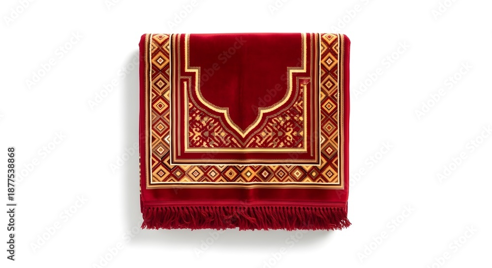 Fototapeta premium Traditional Red Prayer Rug with Intricate Golden Islamic Pattern