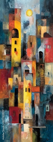 Vibrant Abstract Cityscape with Colorful Buildings and Bright Sun