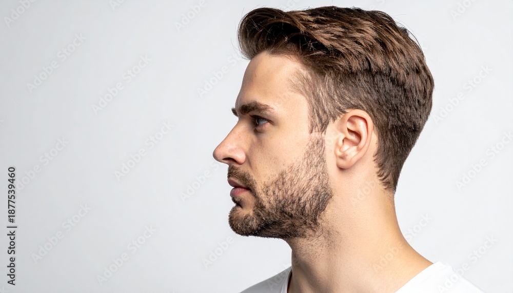 Obraz premium Handsome Man with Stylish Hair and Beard in Profile Against a White Background.