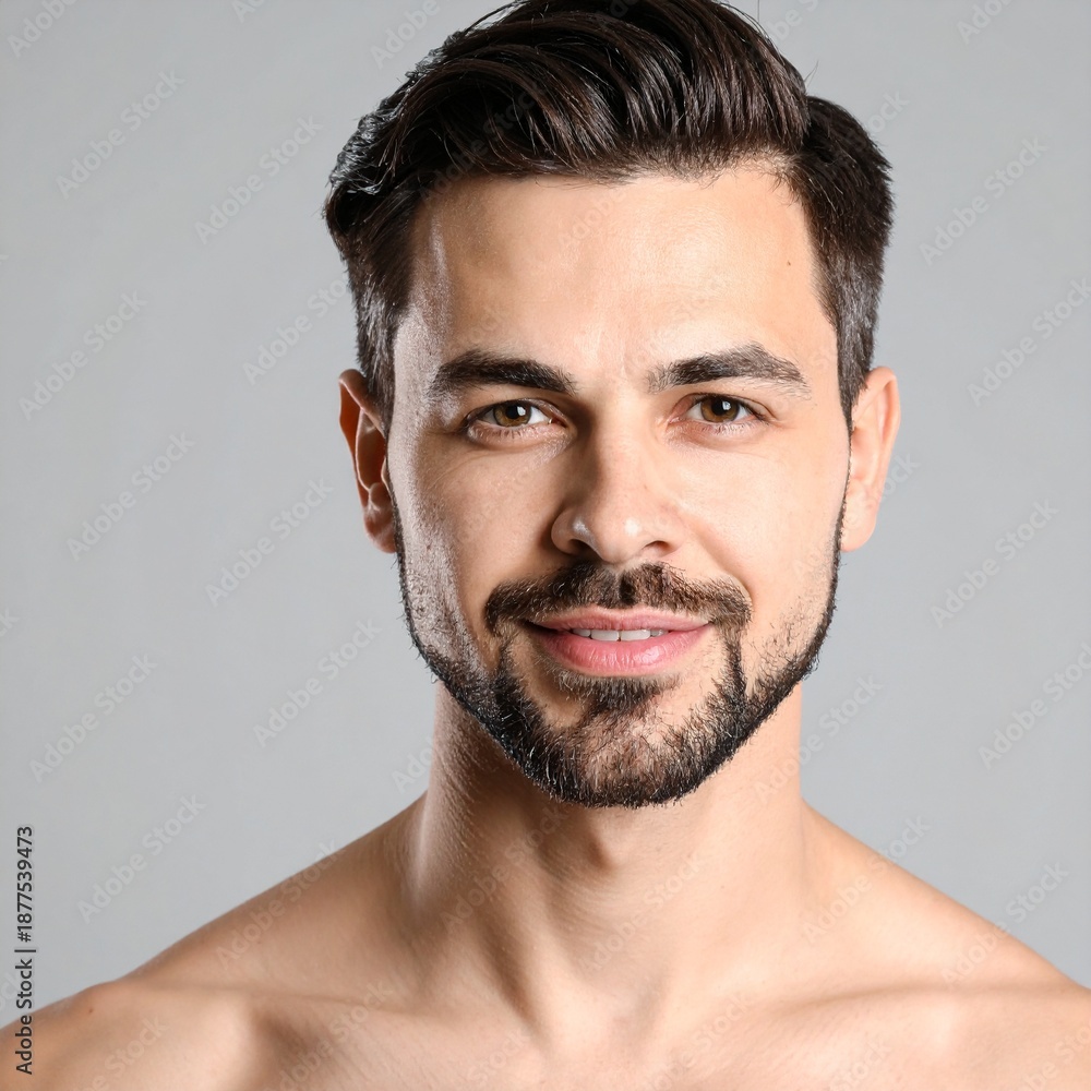 Obraz premium Handsome Man with Dark Hair and Beard Smiling at the Camera on a Gray Background.