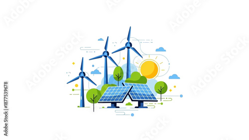 Renewable Energy Infrastructure Illustration Displaying Solar Panels, Wind Turbines, Clean Power Systems, Sustainable Resources, and Environmental Friendly Energy Production

