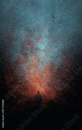 Surreal Figure in Cosmic Space with Colorful Particles and Light