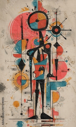 Abstract Art of a Stylized Figure with Geometric Shapes and Colors