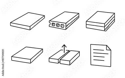 Construction materials icons: concrete, brick, plasterboard in outline style
