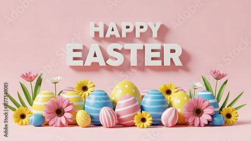 Happy easter celebration with colorful eggs and flowers
