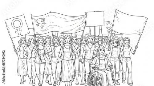 Diverse Crowd of People Protesting with Feminist and Blank Banners