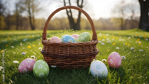 Easter basket with colorful eggs on green grass
