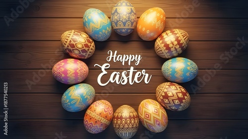 Easter eggs wreath with happy easter greeting